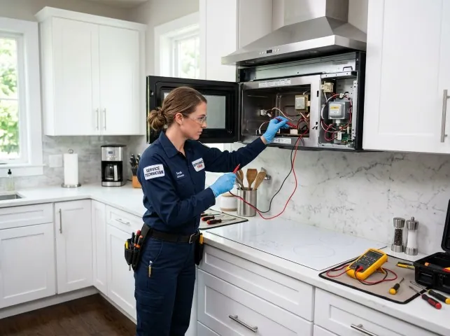 Appliance Repair Hero technician testing an over-the-range microwave in a Barnardsville, NC kitchen